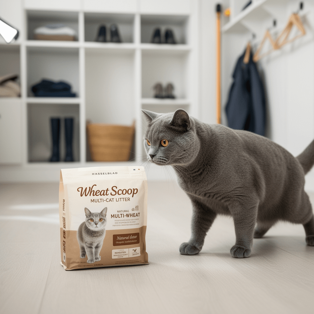 sWheat Scoop Natural Wheat Multi-Cat Litter with cat - professional product lifestyle photo