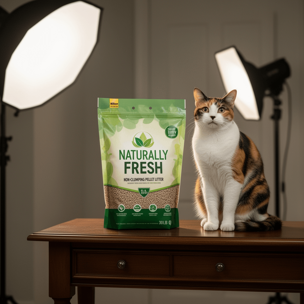 Naturally Fresh Non-Clumping Pellet Litter 30 lb with cat - professional product lifestyle photo