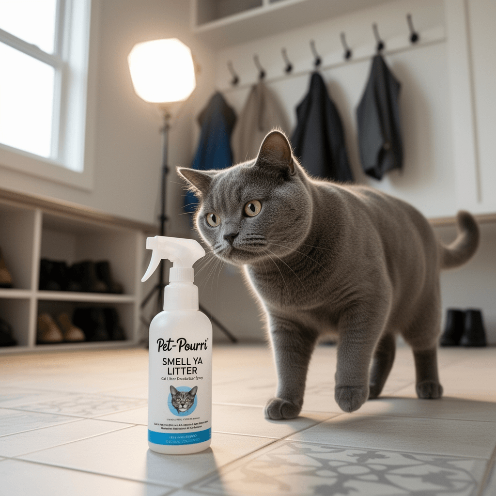 Pet-Pourri Smell Ya Litter Cat Litter Deodorizer Spray with cat - professional product lifestyle photo
