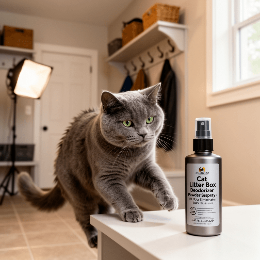 Cat Litter Box Deodorizer Powder Spray & Odor Eliminator  - with cat - professional product lifestyle photo