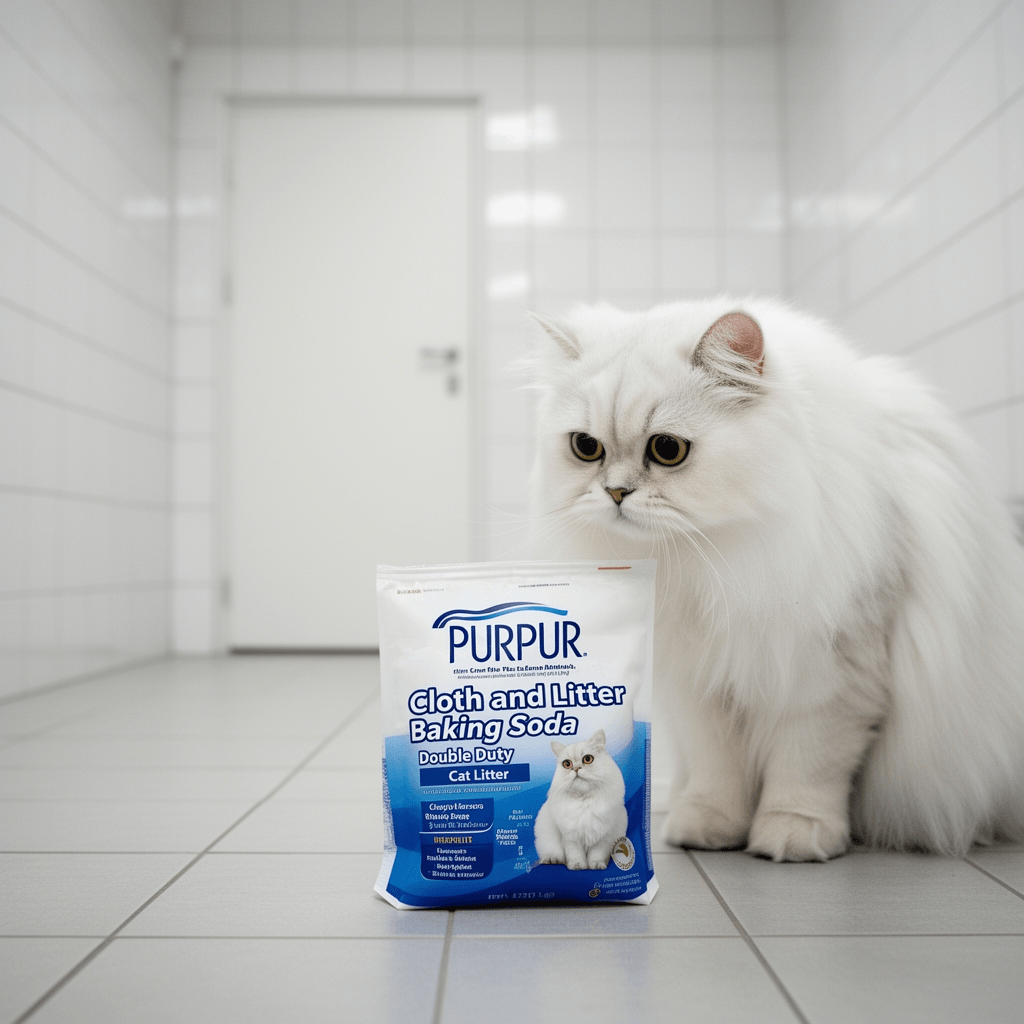 PURPUR Cloth and Litter Baking Soda Double Duty Cat Litter with cat - professional product lifestyle photo