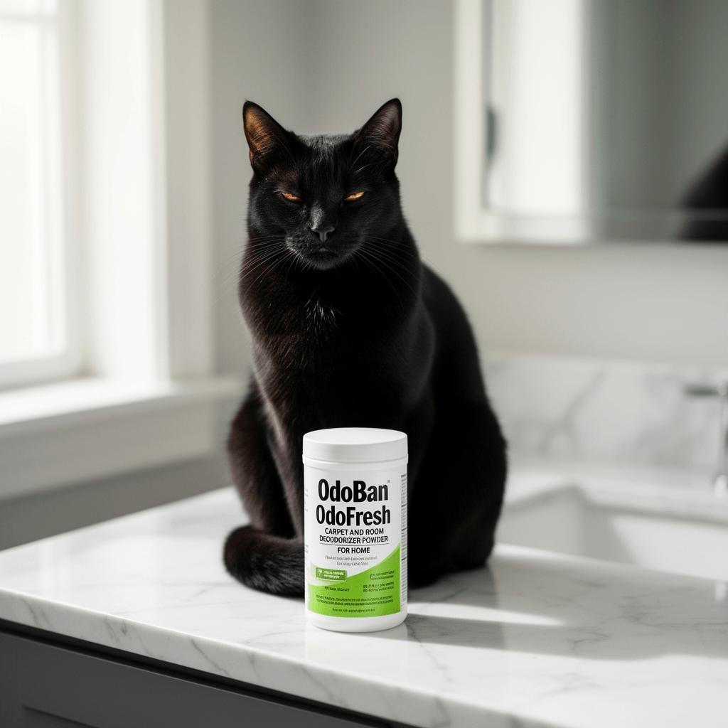OdoBan OdoFresh Carpet and Room Deodorizer Powder for Home with cat - professional product lifestyle photo