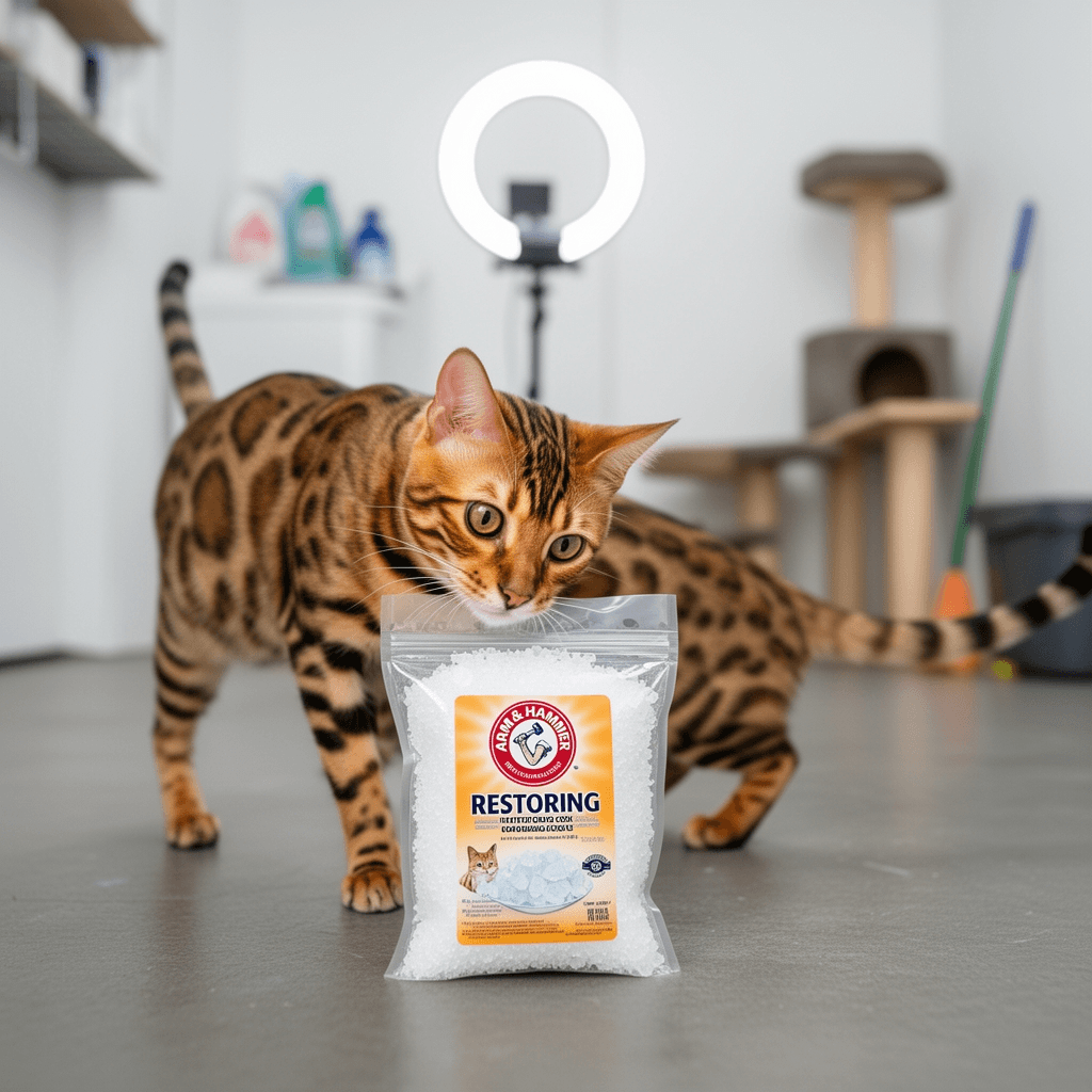 Arm & Hammer Restoring Cat Litter Box Deodorizing Crystals with cat - professional product lifestyle photo