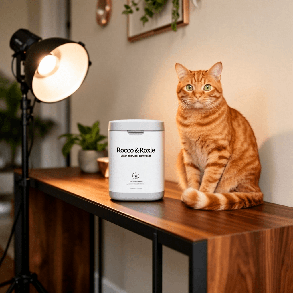 Rocco & Roxie Litter Box Odor Eliminator with cat - professional product lifestyle photo