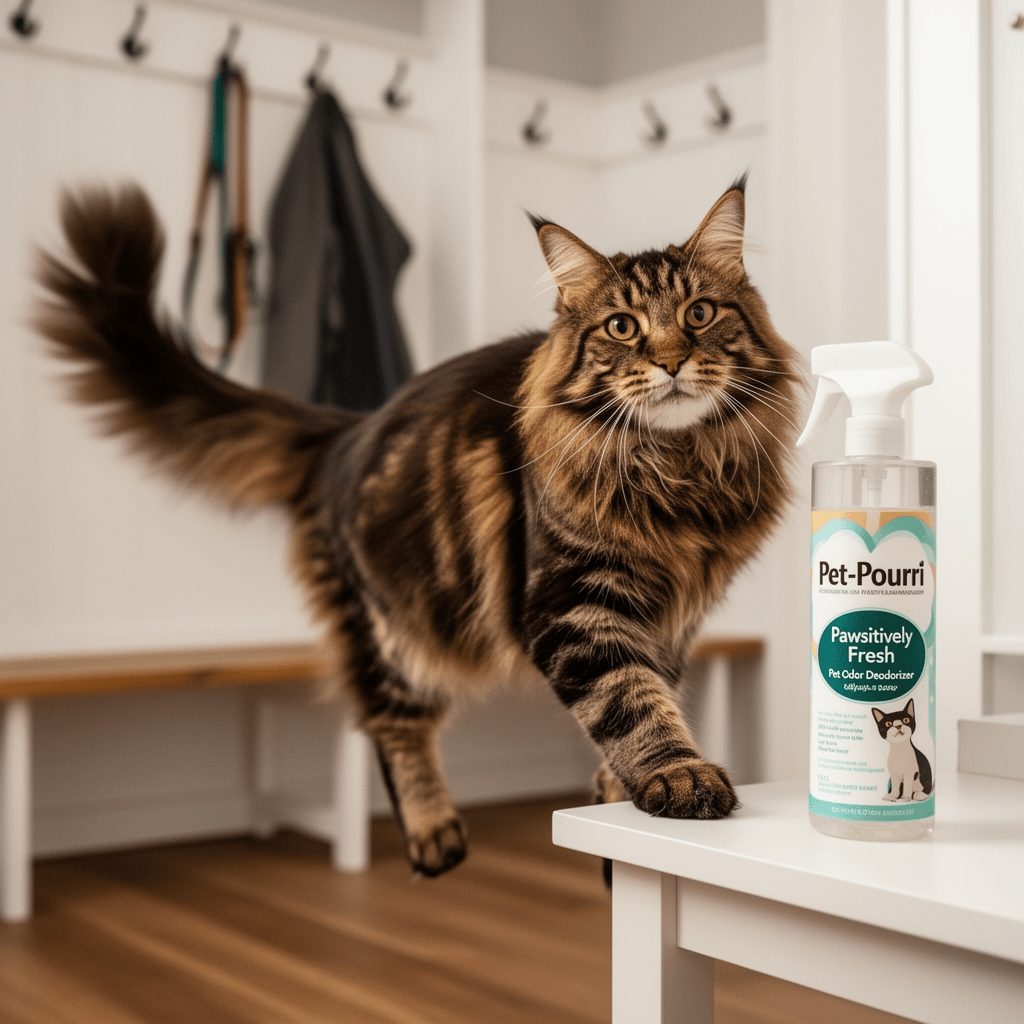 Pet-Pourri Pawsitively Fresh Pet Odor Deodorizer Spray with cat - professional product lifestyle photo