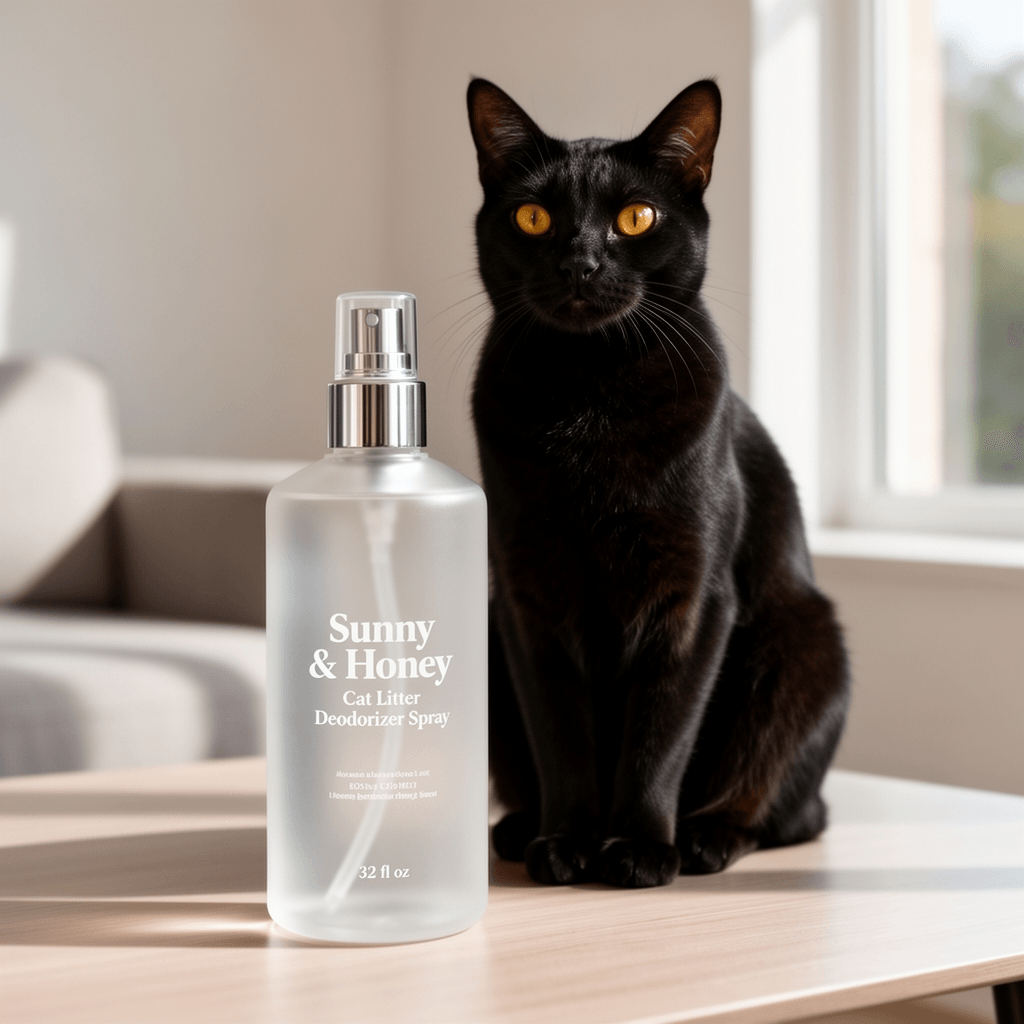 Sunny & Honey Cat Litter Deodorizer Spray - 32 fl oz with cat - professional product lifestyle photo