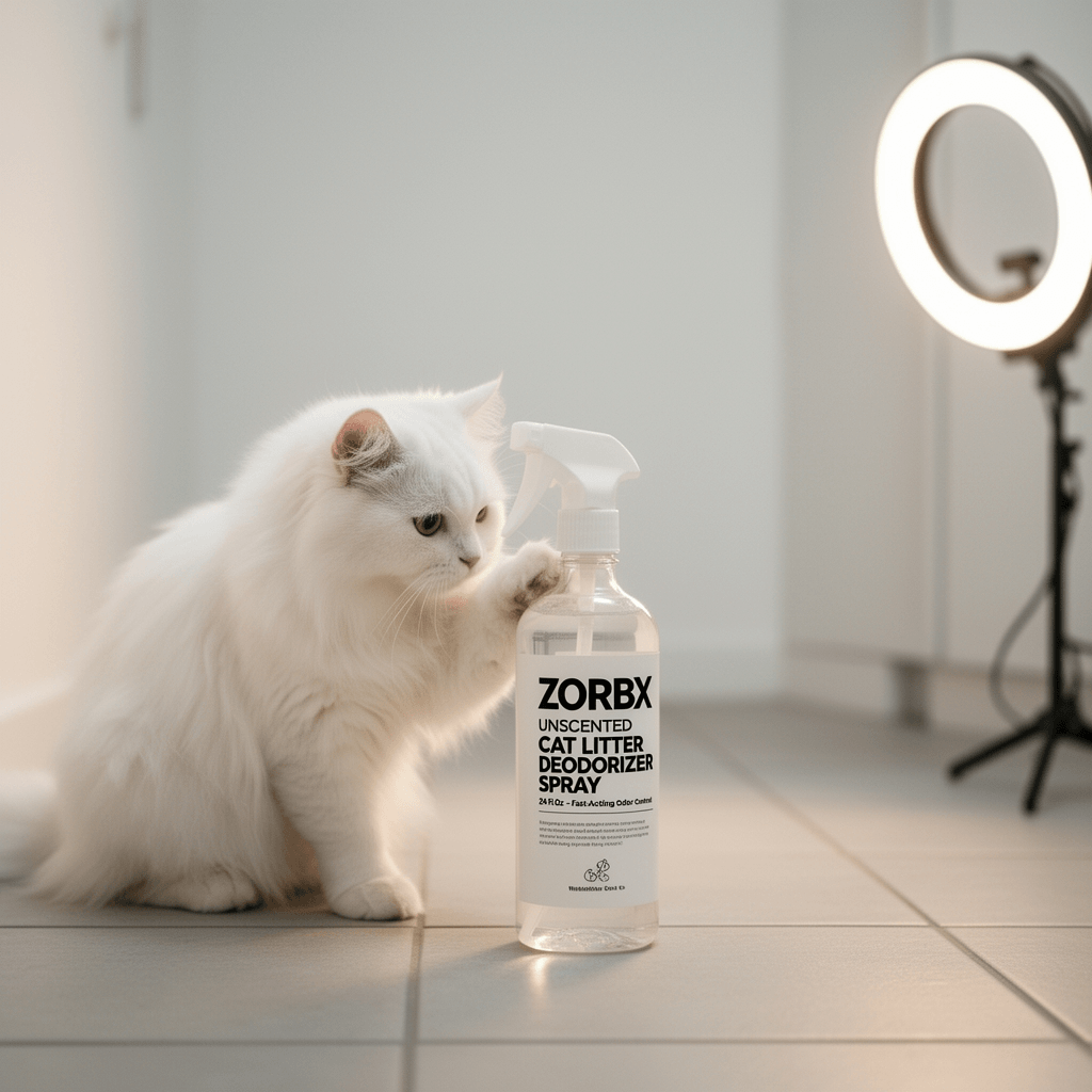 ZORBX Unscented Cat Litter Deodorizer Spray 24 Fl Oz – Fast-Acting Cat Litter with cat - professional product lifestyle photo