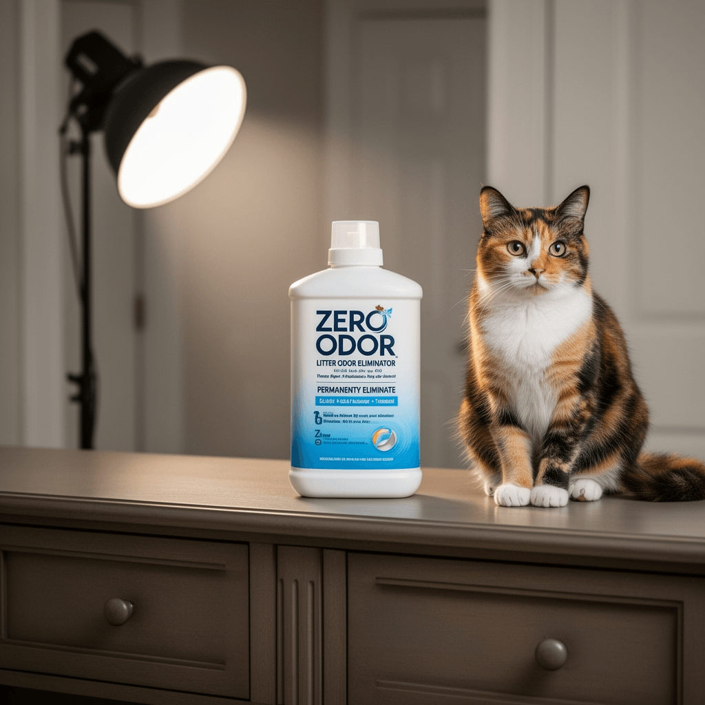 Zero Odor – Litter Odor Eliminator - Permanently Eliminate with cat - professional product lifestyle photo