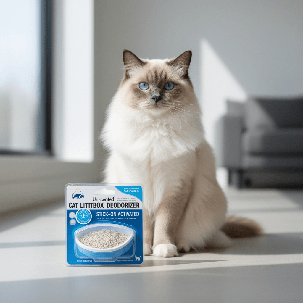 Unscented Cat Litter Box Deodorizer Kit Stick-On Activated with cat - professional product lifestyle photo