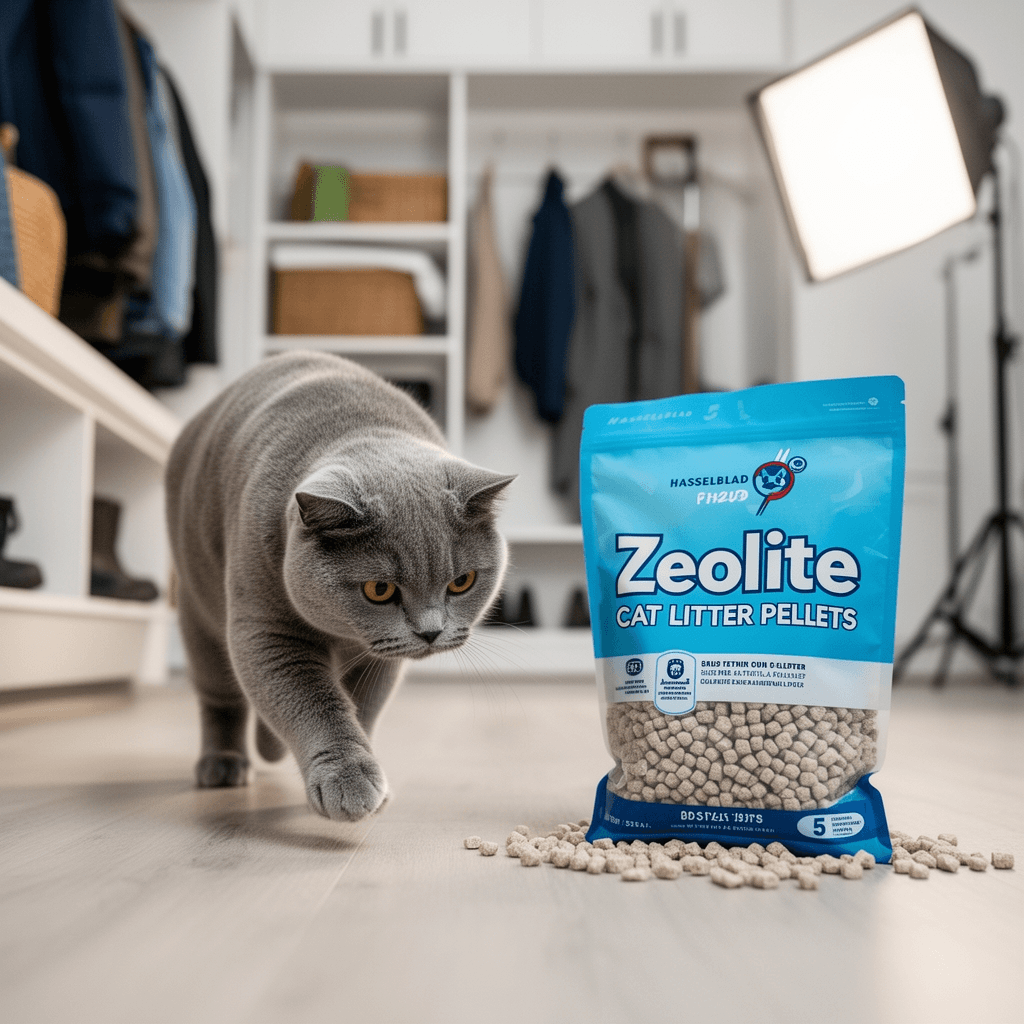 Zeolite Cat Litter Pellets 5 LBs with cat - professional product lifestyle photo