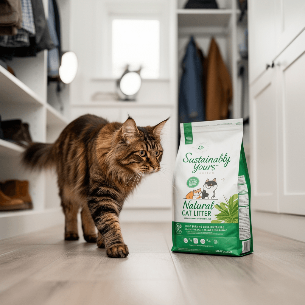 Sustainably Yours Natural Cat Litter with cat - professional product lifestyle photo