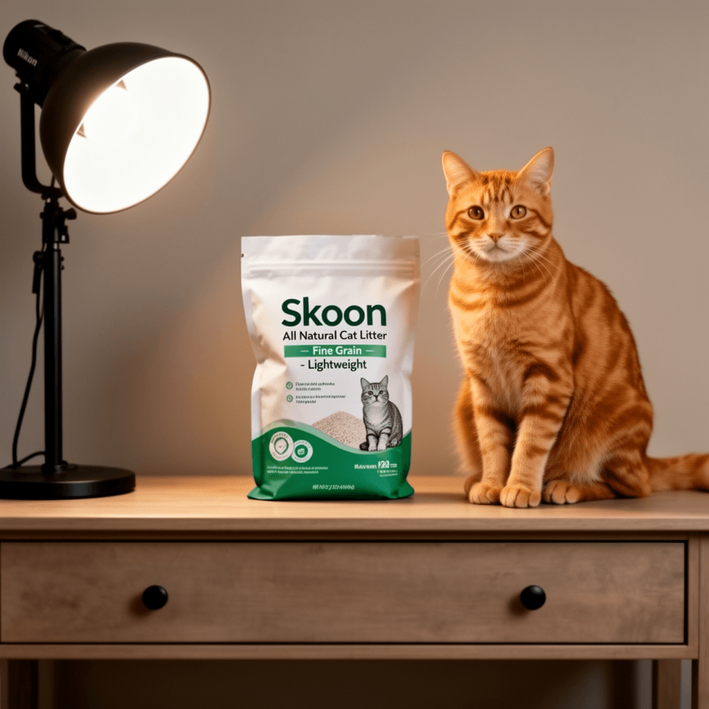 Skoon All Natural Cat Litter  - Fine Grain - Lightweight with cat - professional product lifestyle photo