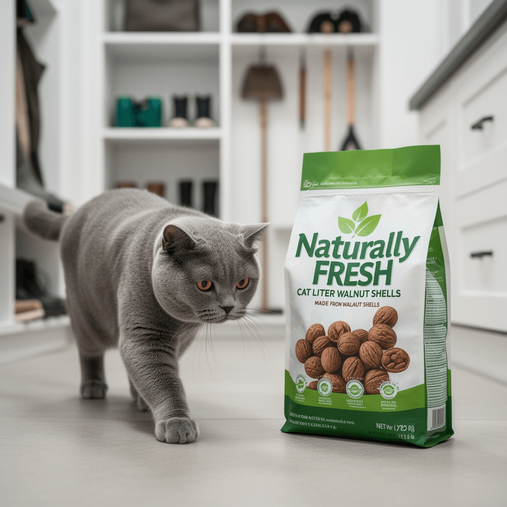 Naturally Fresh Cat Litter Made from Walnut Shells with cat - professional product lifestyle photo