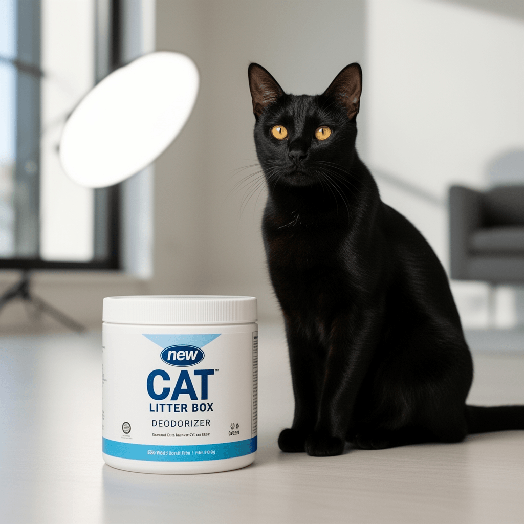 anew CAT LITTER BOX DEODORIZER with cat - professional product lifestyle photo