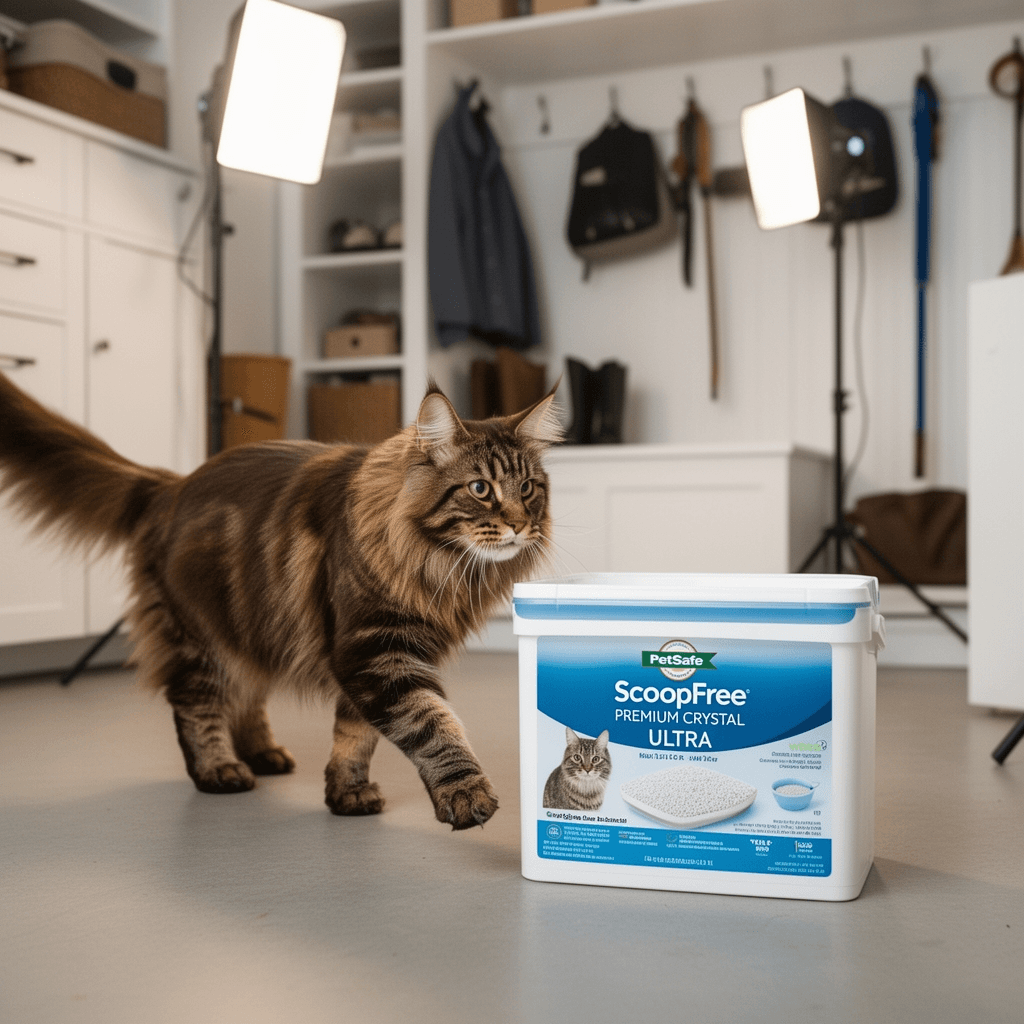 PetSafe ScoopFree Premium Crystal Cat Litter - Ultra- with cat - professional product lifestyle photo
