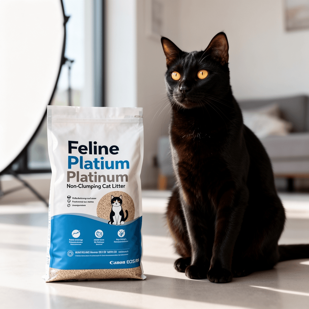 Rocco & Roxie Litter Box Odor Eliminator with cat - professional product lifestyle photo