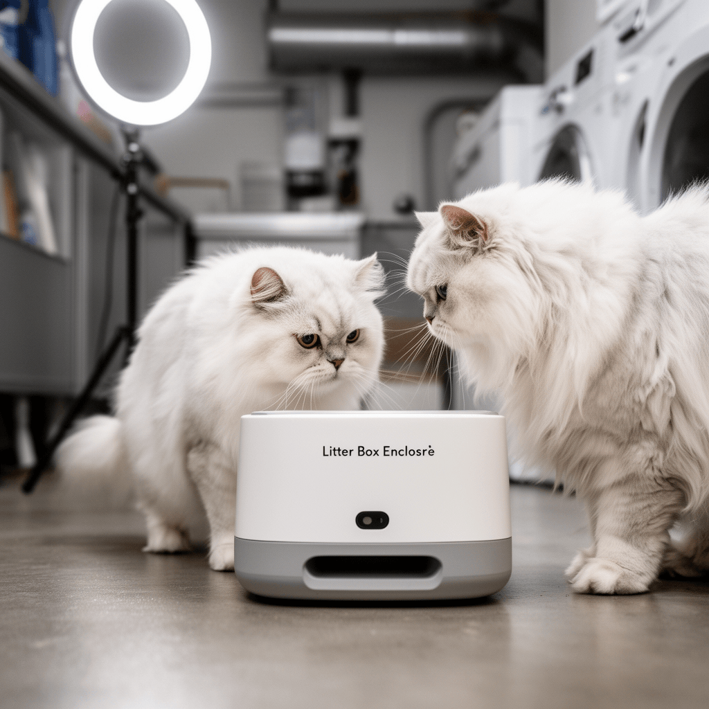 Kitty Litter Box Enclosure for 2 Cats with cat - professional product lifestyle photo