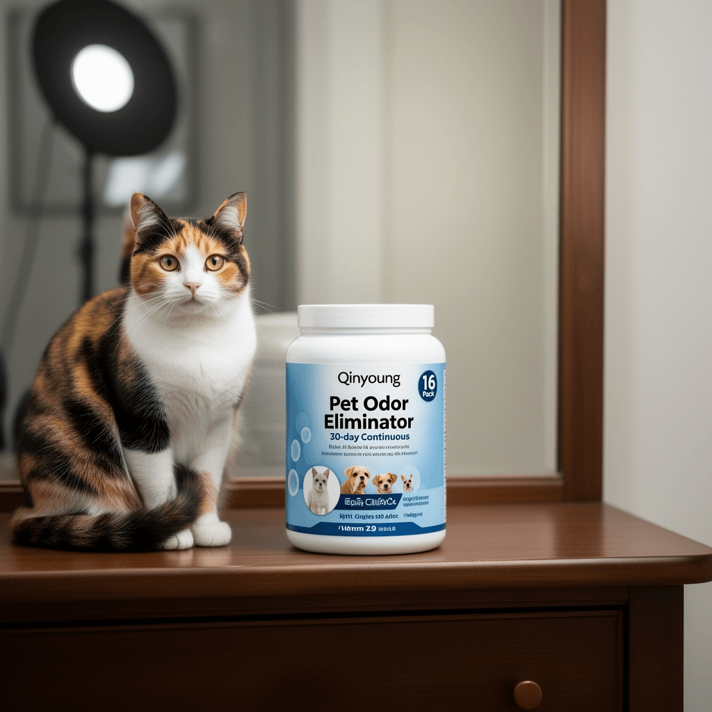 Qinyoung 16 Pack Pet Odor Eliminator 30-day Continuous with cat - professional product lifestyle photo