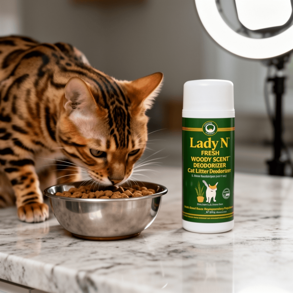 Lady N Fresh Woody Scent Cat Litter Deodorizer with cat - professional product lifestyle photo