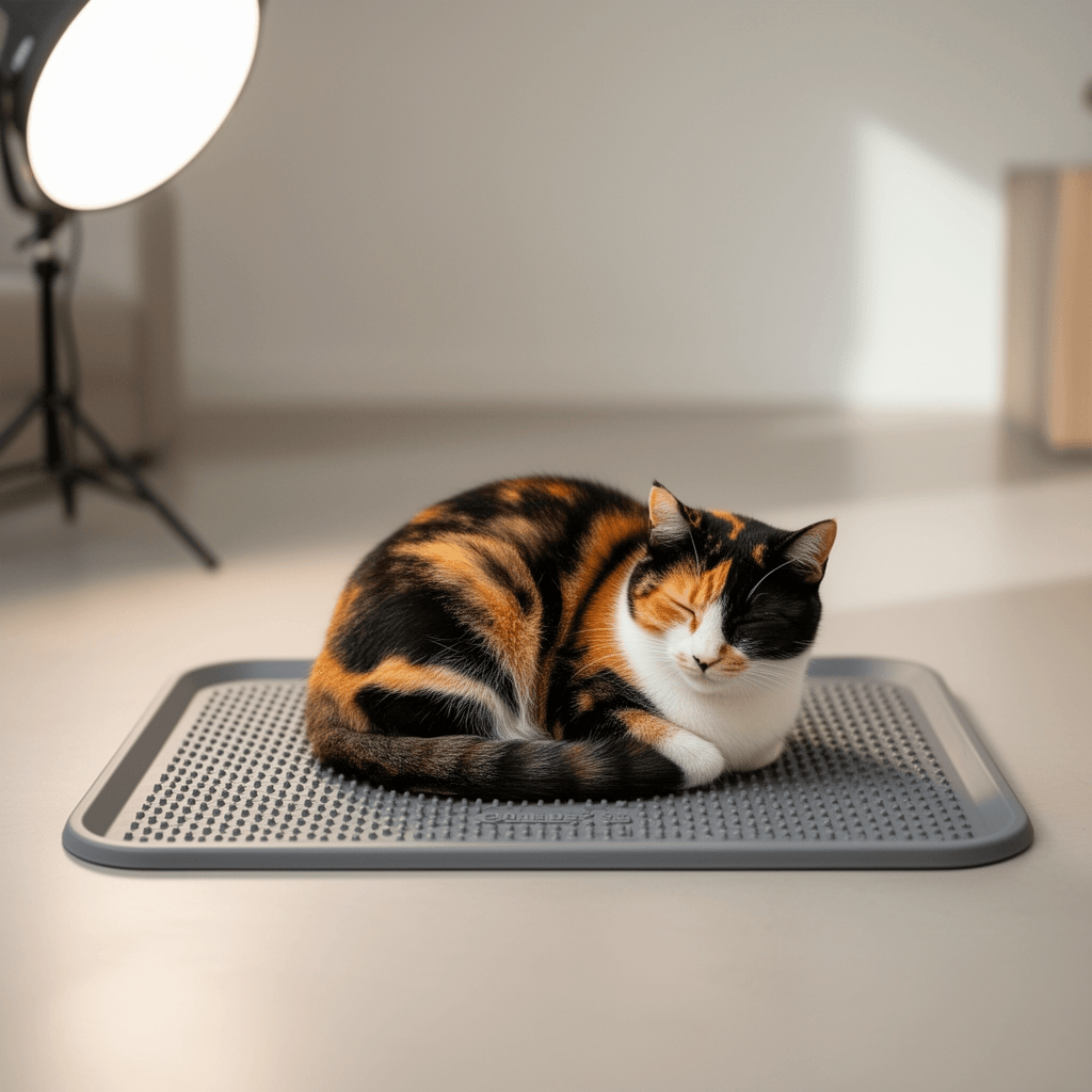 Amazon Basics Less-Mess Cat Litter Box Mat with cat - professional product lifestyle photo