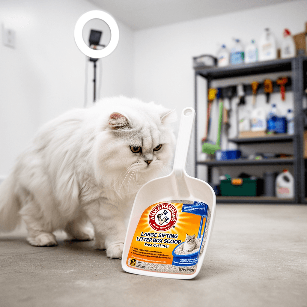 Arm & Hammer Large Sifting Litter Box Scoop Free Cat Litter with cat - professional product lifestyle photo