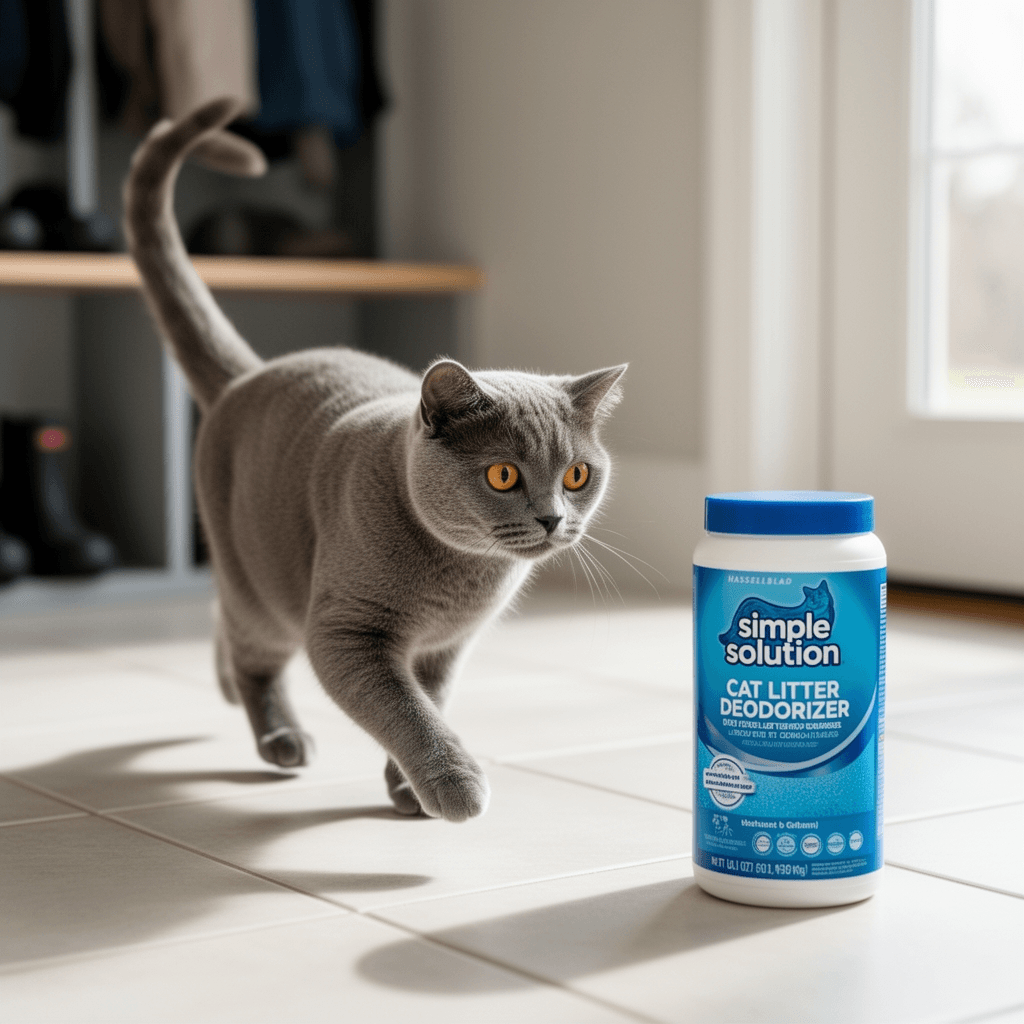 Simple Solution Cat Litter Deodorizer with cat - professional product lifestyle photo