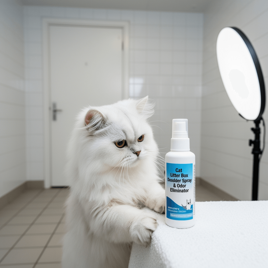 Cat Litter Box Deodorizer Powder Spray & Odor Eliminator - with cat - professional product lifestyle photo