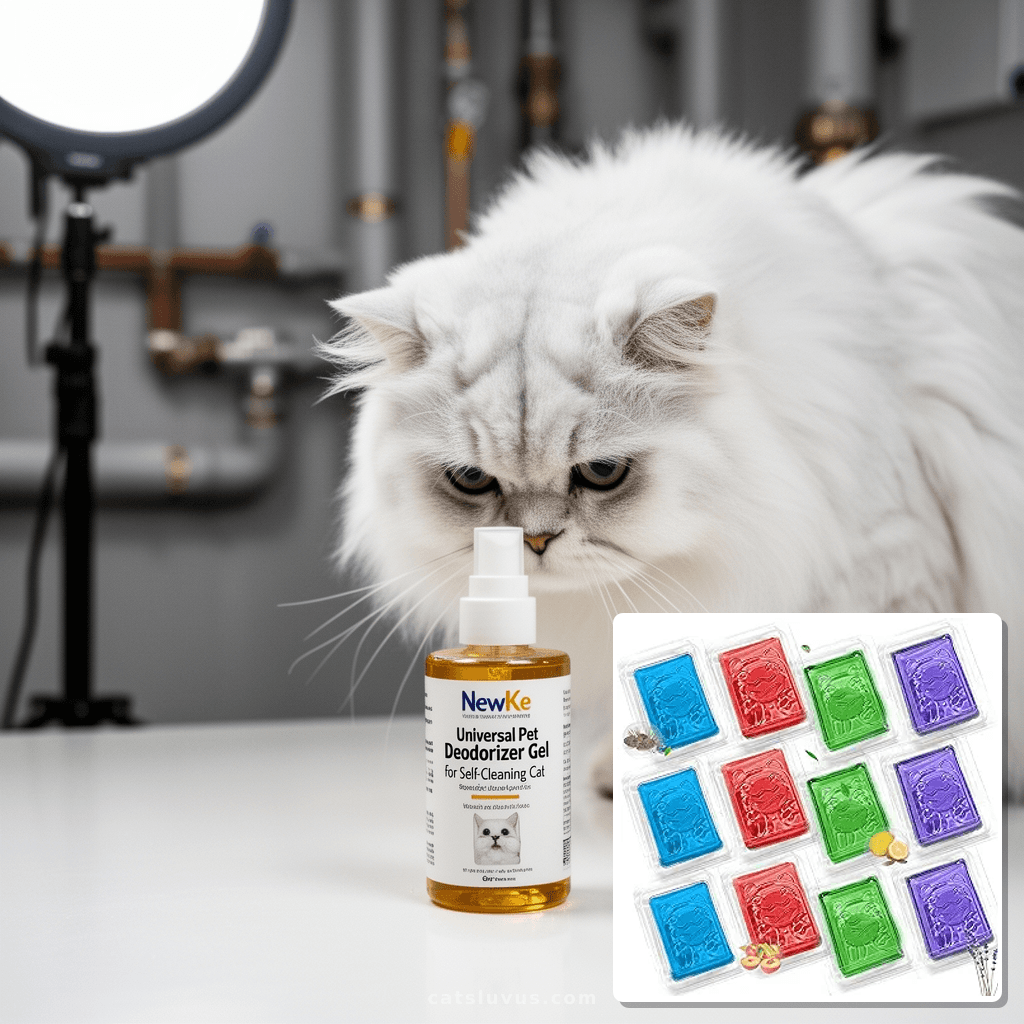 NewKe Universal Pet Deodorizer Gel for Self-Cleaning Cat with cat - professional product lifestyle photo