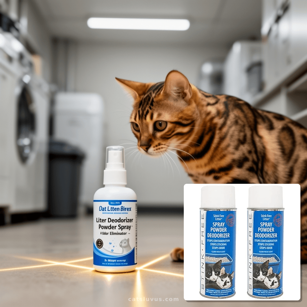 Cat Litter Box Deodorizer Powder Spray & Odor Eliminator  - with cat - professional product lifestyle photo