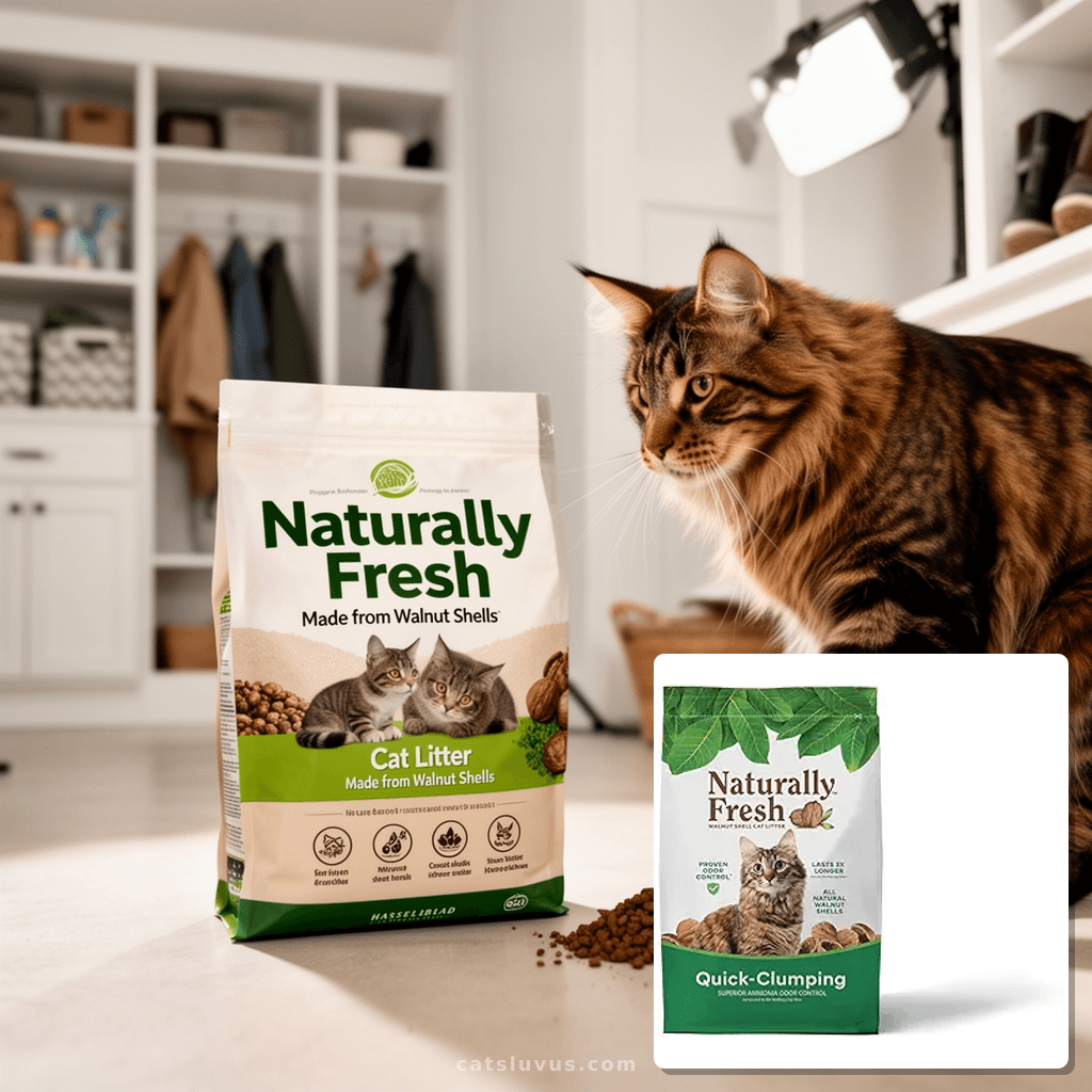 Naturally Fresh Cat Litter Made from Walnut Shells with cat - professional product lifestyle photo