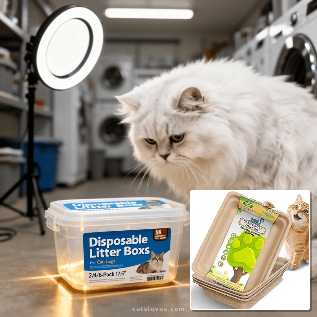 Disposable Litter Boxes for Cats Large: 2/4/6/8-Pack 17.5'' with cat - professional product lifestyle photo