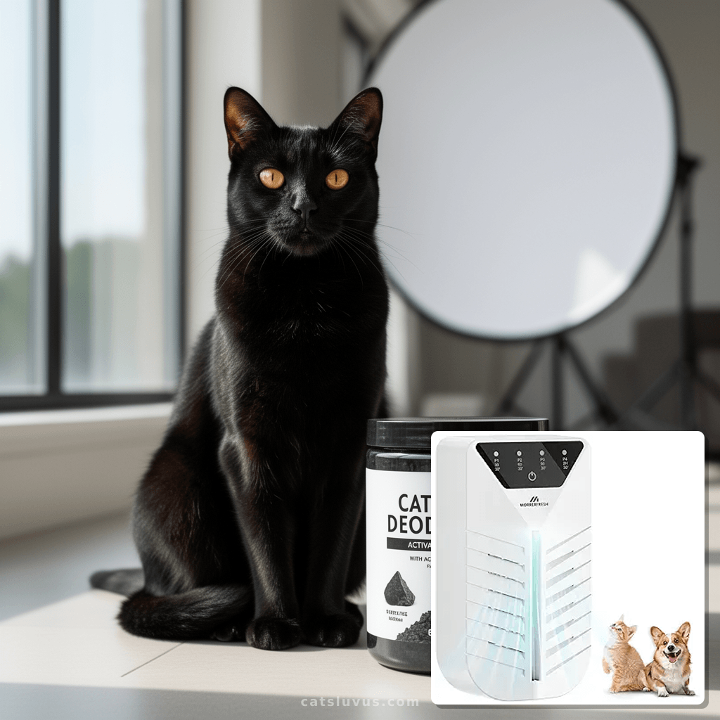 Cat Litter Deodorizer with Activated Charcoal with cat - professional product lifestyle photo
