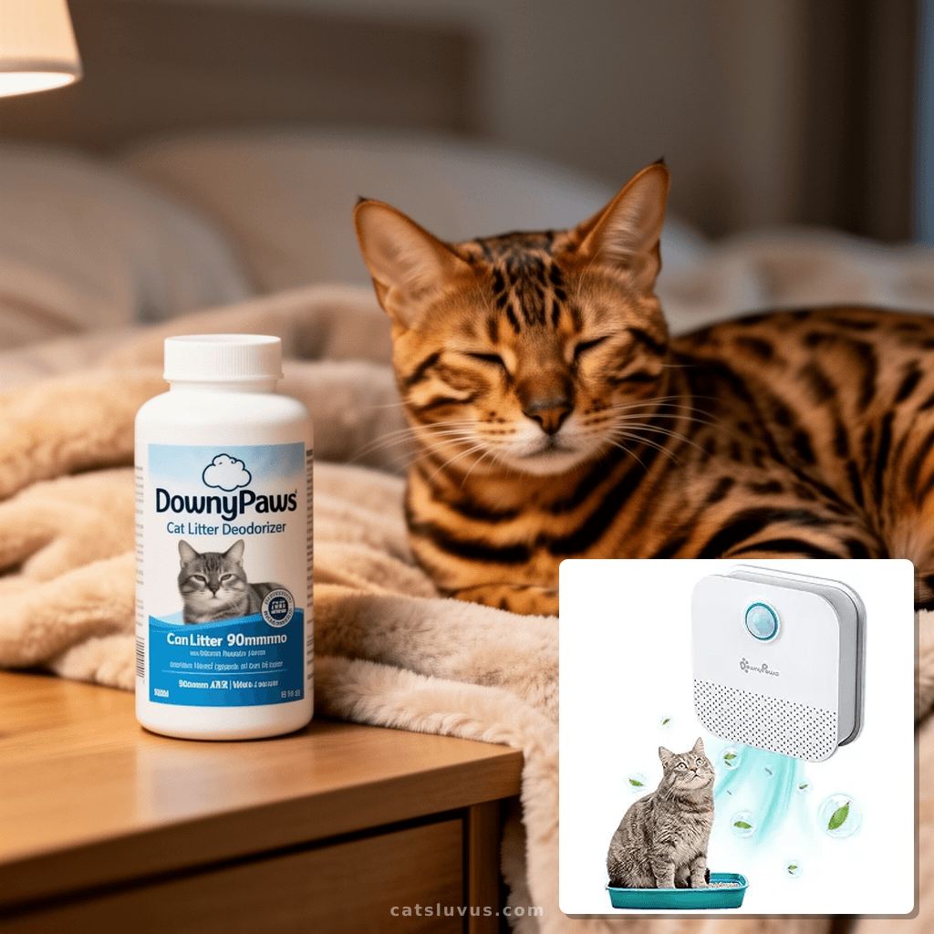 DownyPaws Cat Litter Deodorizer with cat - professional product lifestyle photo