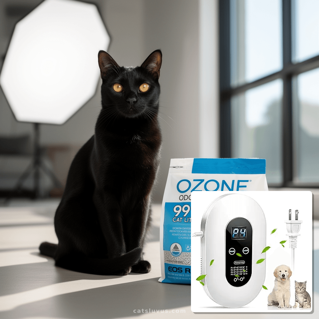 Ozone Odor Eliminator for Strong Odor 99% Cat Litter with cat - professional product lifestyle photo