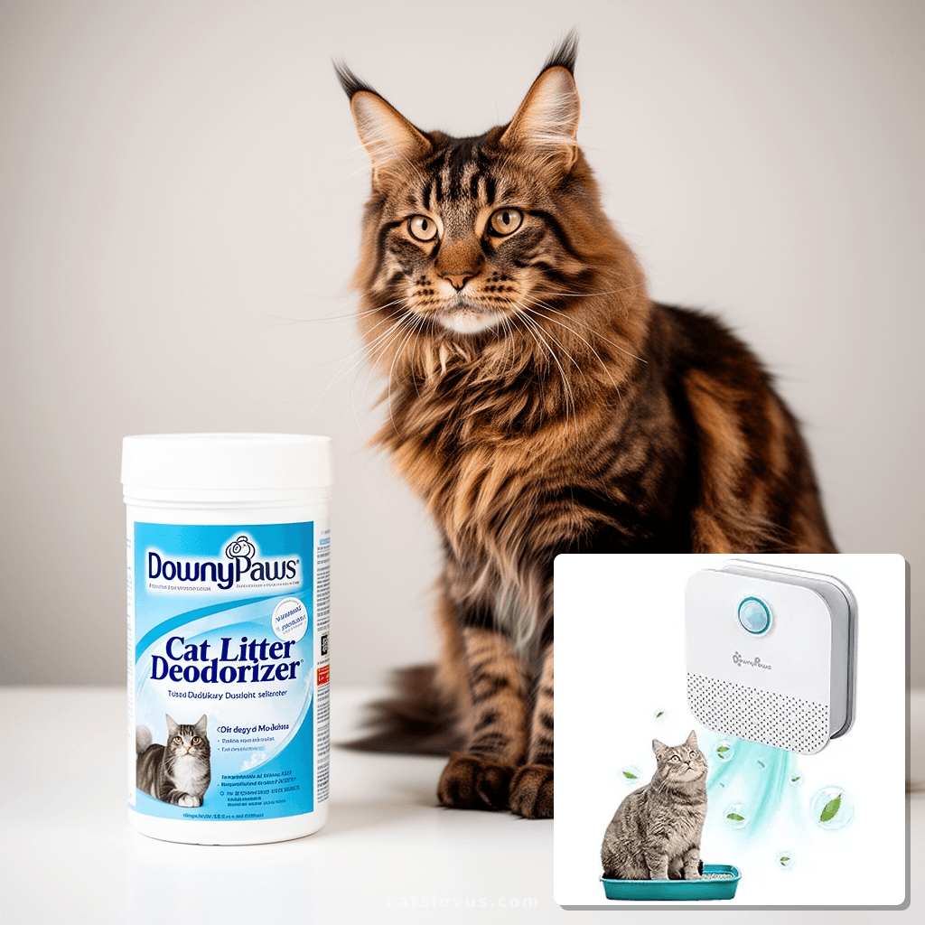 DownyPaws Cat Litter Deodorizer with cat - professional product lifestyle photo