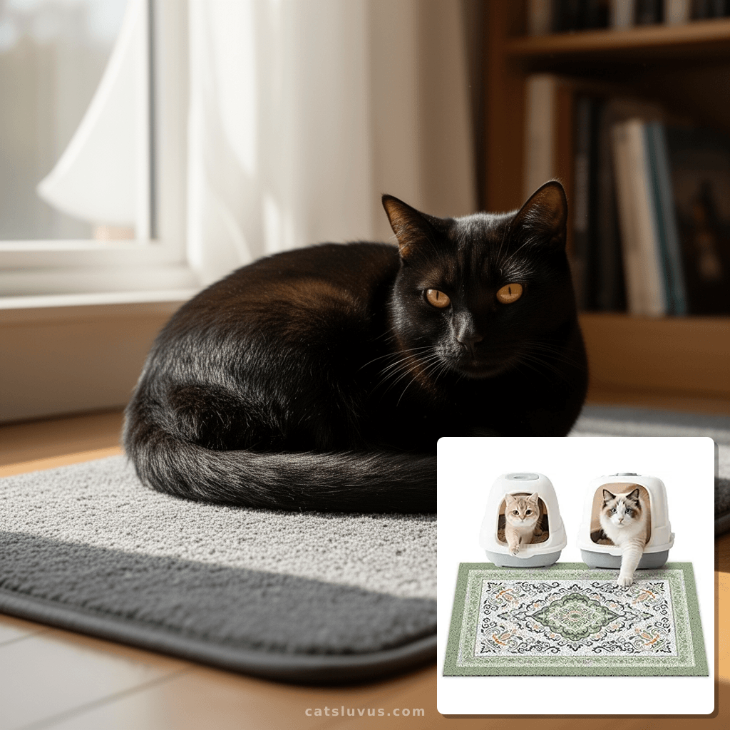 Unicorn Catcher Cat Litter Mat 33" x 22" Non-Slip Litter Box with cat - professional product lifestyle photo