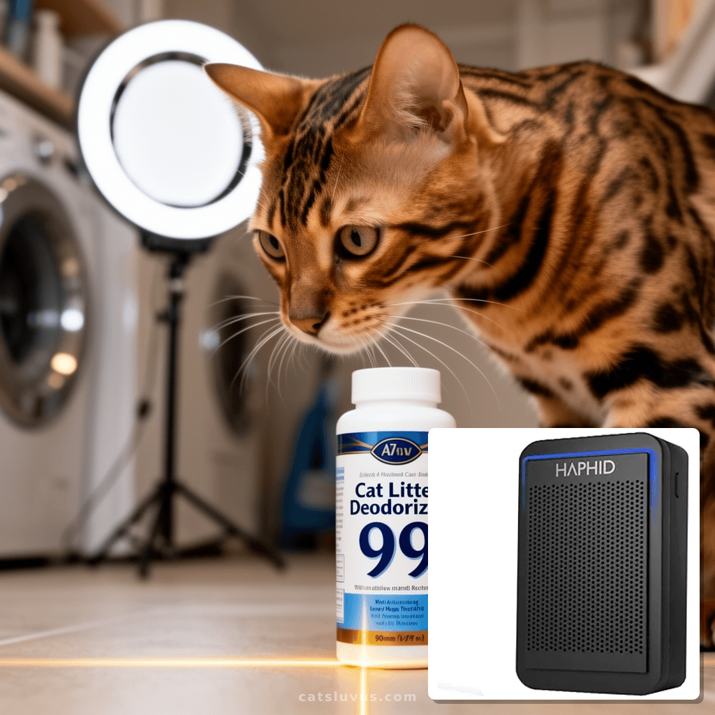 Cat Litter Deodorizer 99 with cat - professional product lifestyle photo
