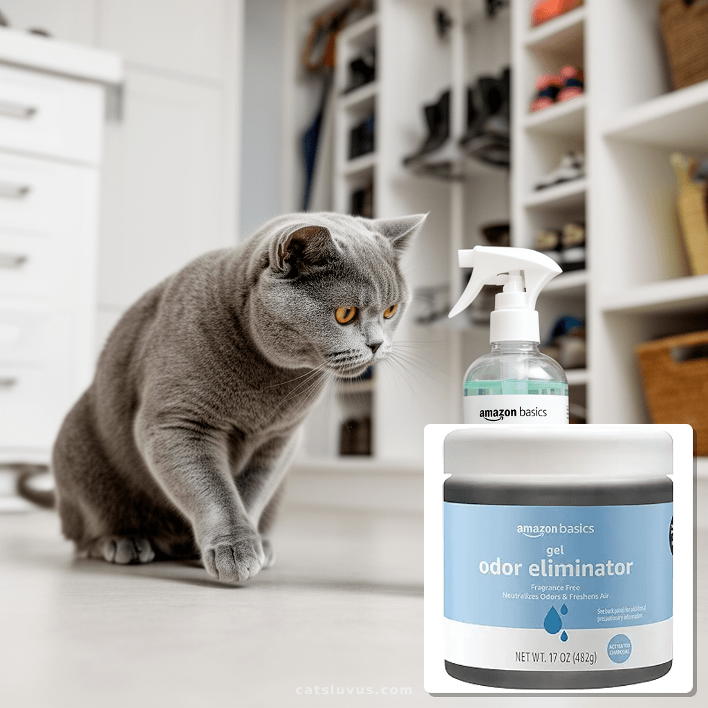 Amazon Basics Gel Odor Eliminator with cat - professional product lifestyle photo