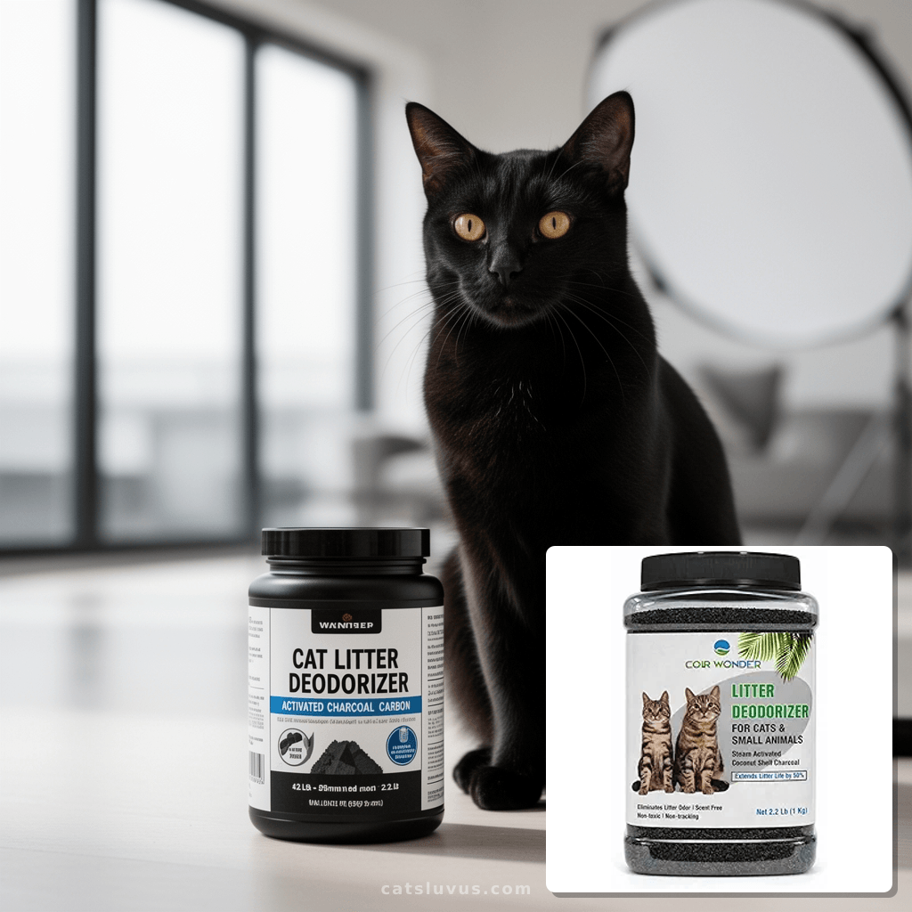Cat Litter Deodorizer – 2.2 Lb Activated Charcoal Carbon – with cat - professional product lifestyle photo