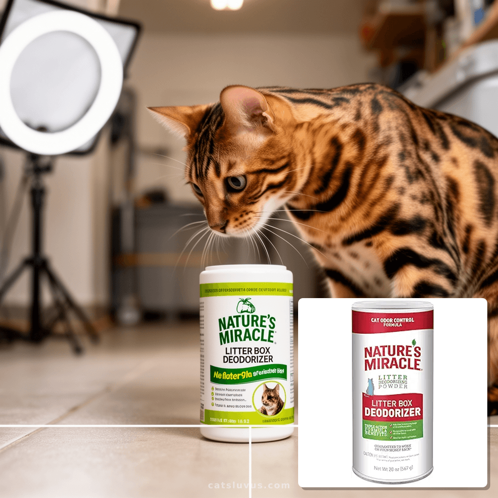 Nature's Miracle Litter Box Deodorizer with cat - professional product lifestyle photo