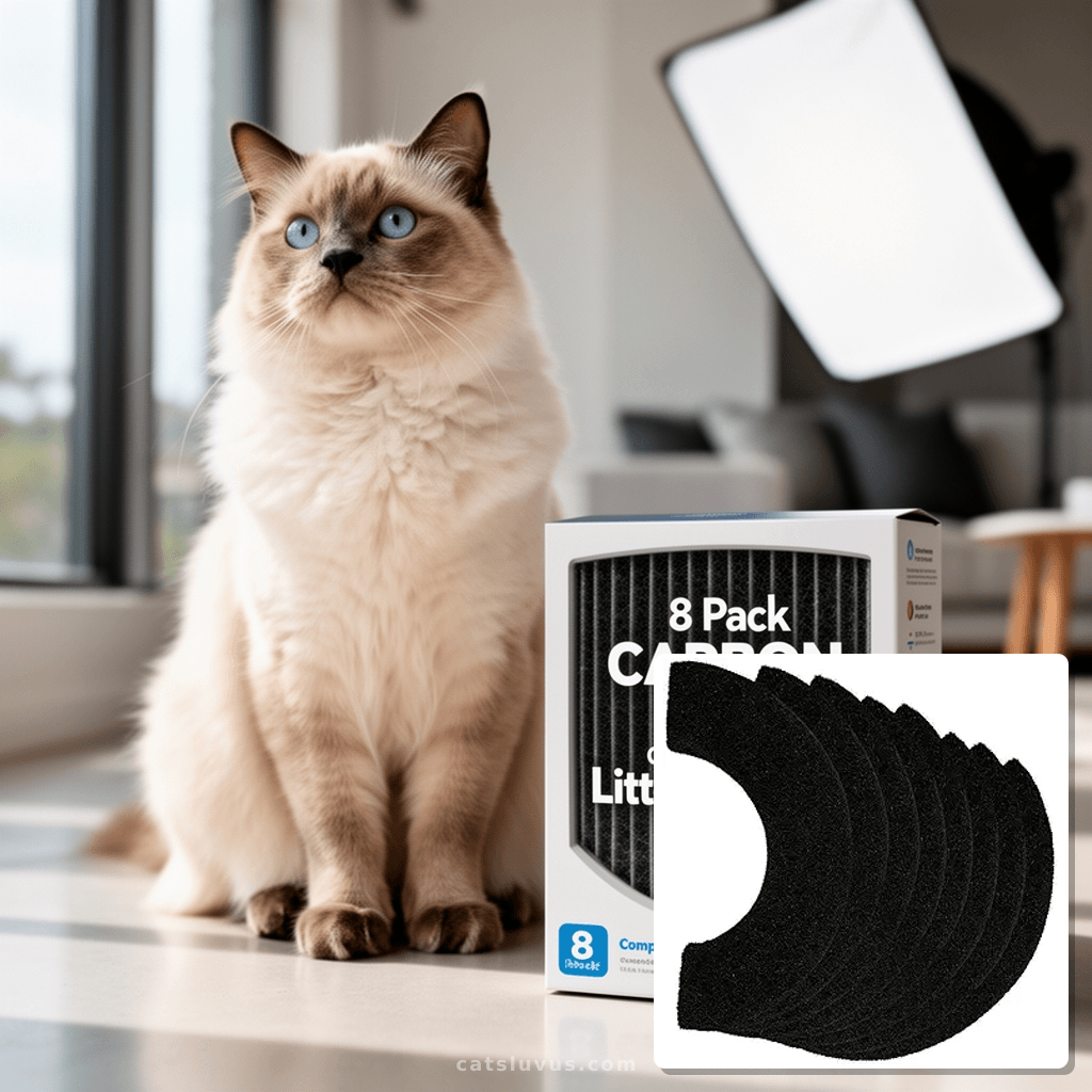 8 Pack Carbon Filters Compatible with Litter Robot 4 with cat - professional product lifestyle photo