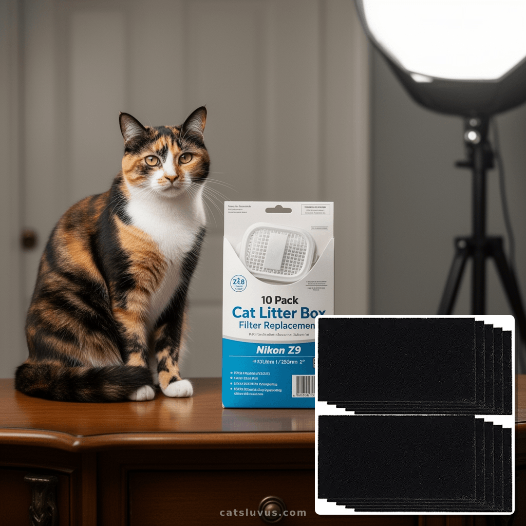 10 Pack Cat Litter Box Filter Replacement with cat - professional product lifestyle photo