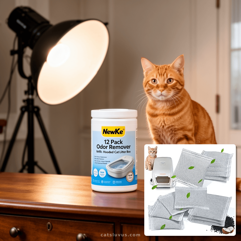 NewKe 12 Pack Odor Remover Refills for Hooded Cat Litter Box with cat - professional product lifestyle photo