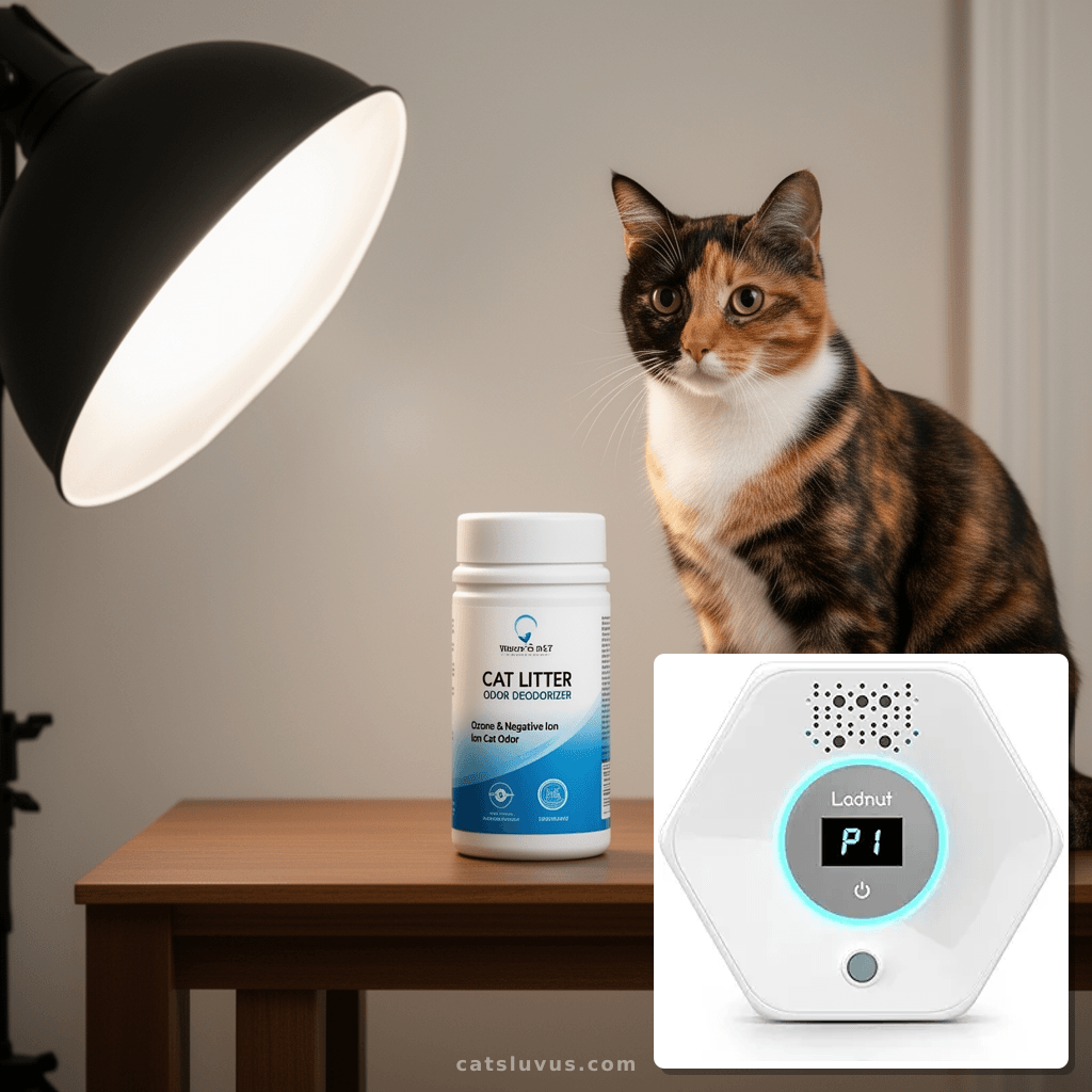 Cat Litter Odor Deodorizer - Ozone & Negative Ion Cat Odor with cat - professional product lifestyle photo