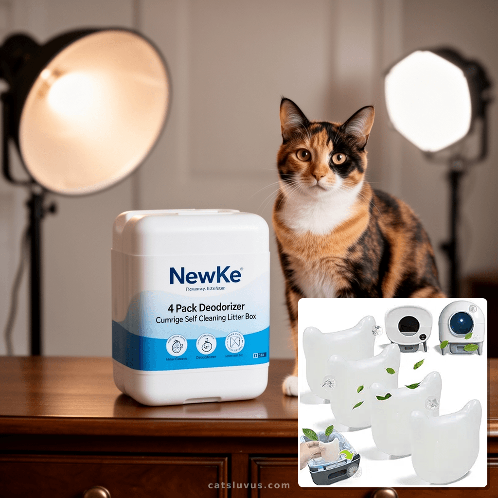 NewKe 4 Pack Deodorizer for Cumrige Self Cleaning Litter Box with cat - professional product lifestyle photo