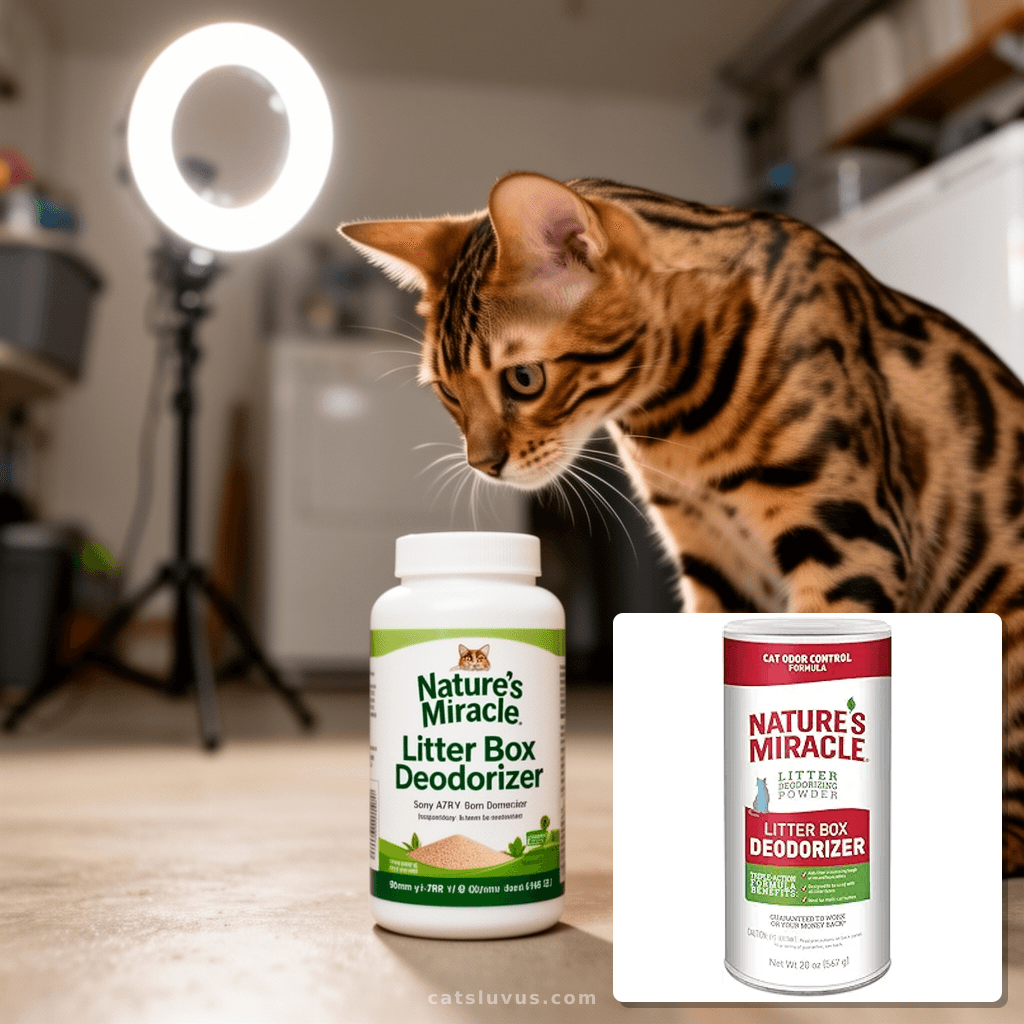 Nature's Miracle Litter Box Deodorizer with cat - professional product lifestyle photo