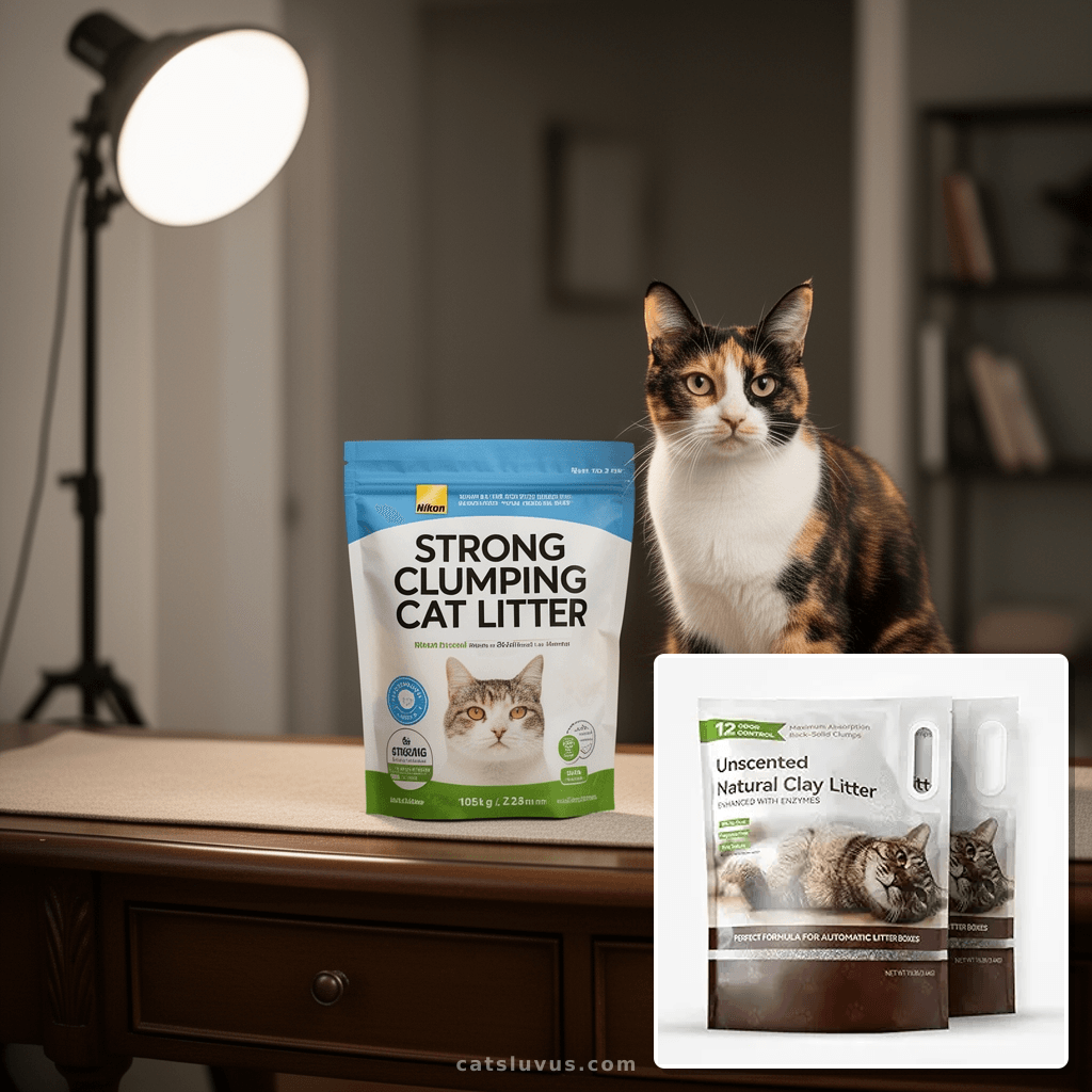 Strong Clumping Cat Litter with cat - professional product lifestyle photo