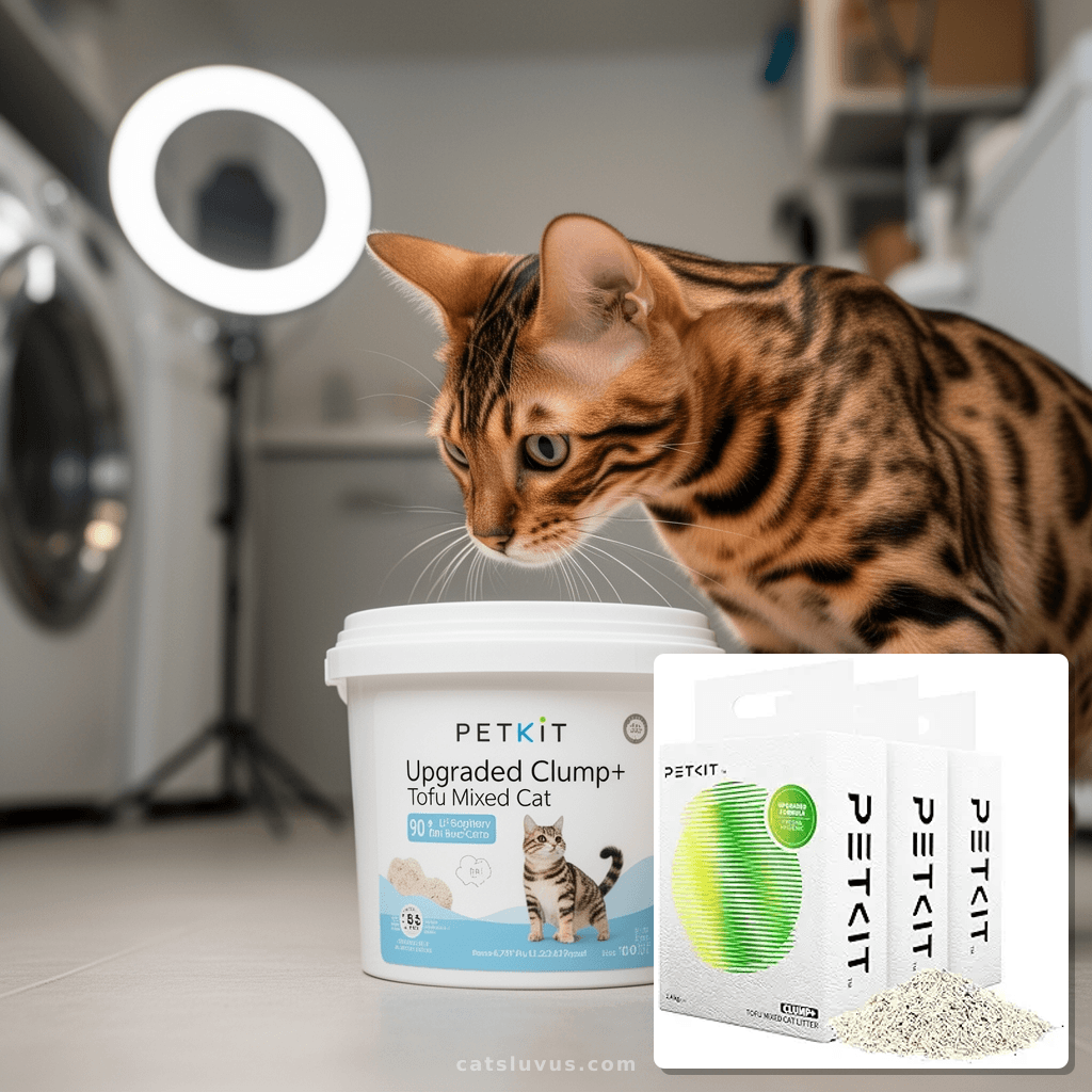 PETKIT Upgraded Clump+ Tofu Mixed Cat Litter with cat - professional product lifestyle photo