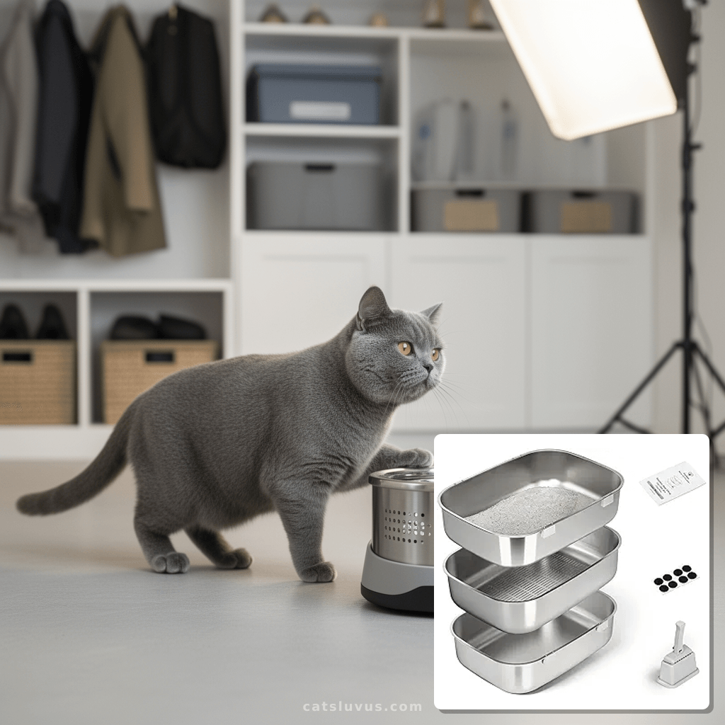 Triple Pan Stainless Steel Sifting Cat Litter Box with cat - professional product lifestyle photo