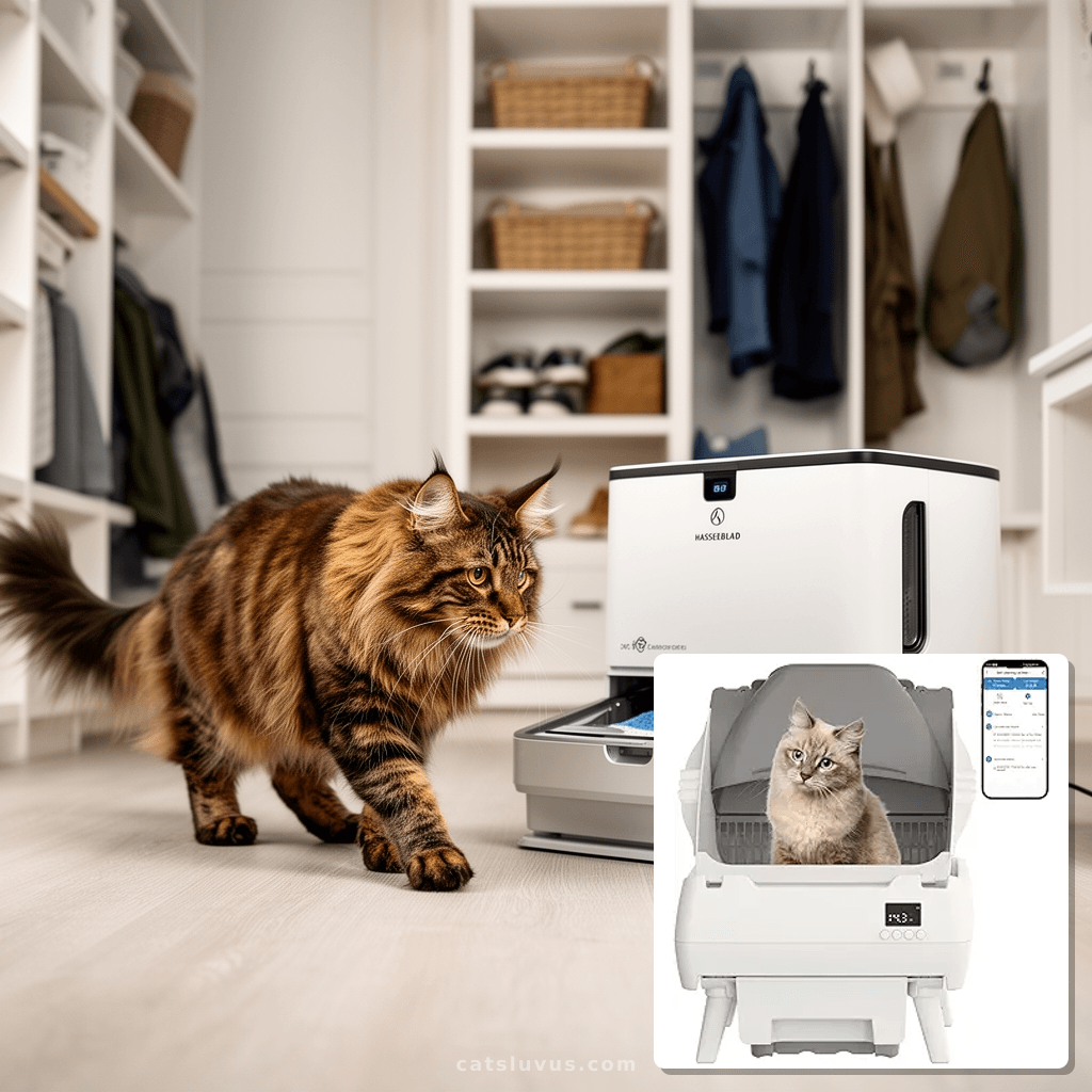 Automatic Cat Litter Box Self Cleaning - App Control with cat - professional product lifestyle photo